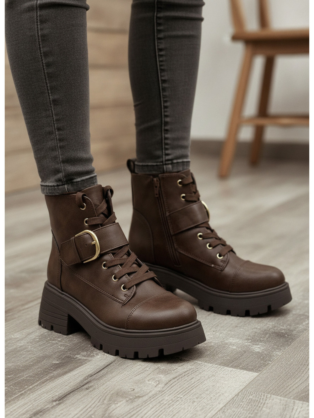Sun Stone brown lace up buckle ankle boots size 5M